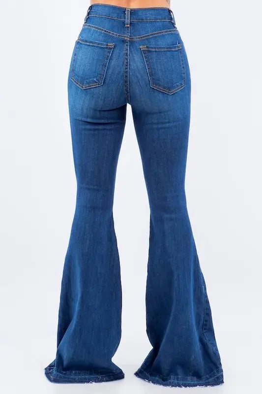 Amber Bell Bottom Jean with high rise, dark wash, flared style, unfinished hem