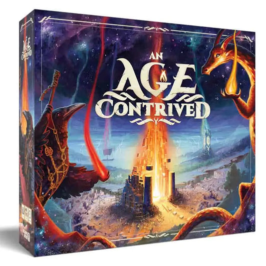 An Age Contrived board game box showing engine building gameplay for beginning players