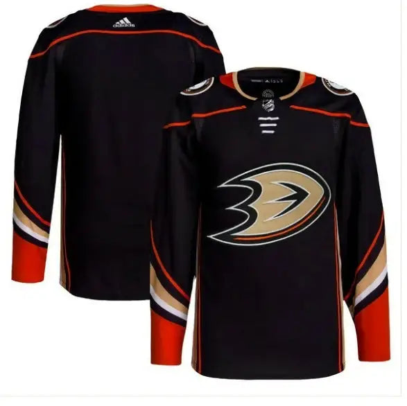 Black Anaheim Ducks hockey jersey displayed in the Anaheim Ducks adidas men’s home authentic jersey