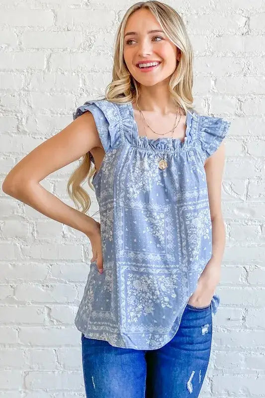 And The Why Boho Print Ruffle Baby Doll Tank Top