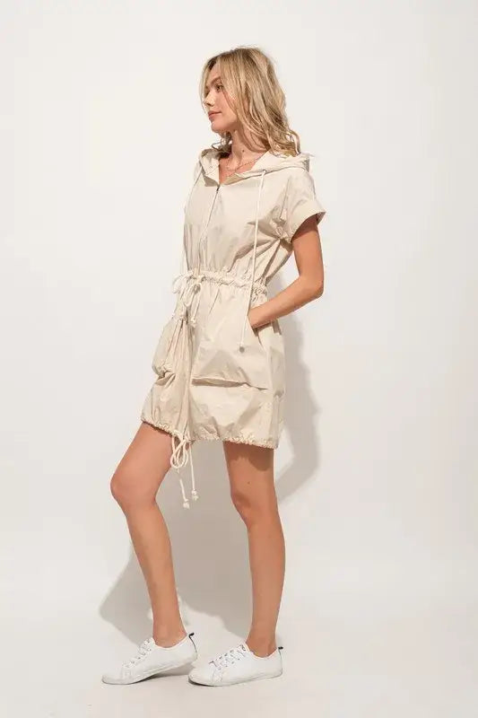 Light beige short sleeve string details hooded utility dress with pockets and drawstring waist