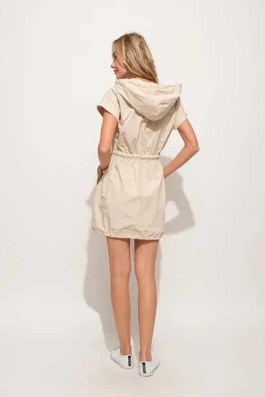 Women’s beige short sleeve string details hooded mini dress from And The Why