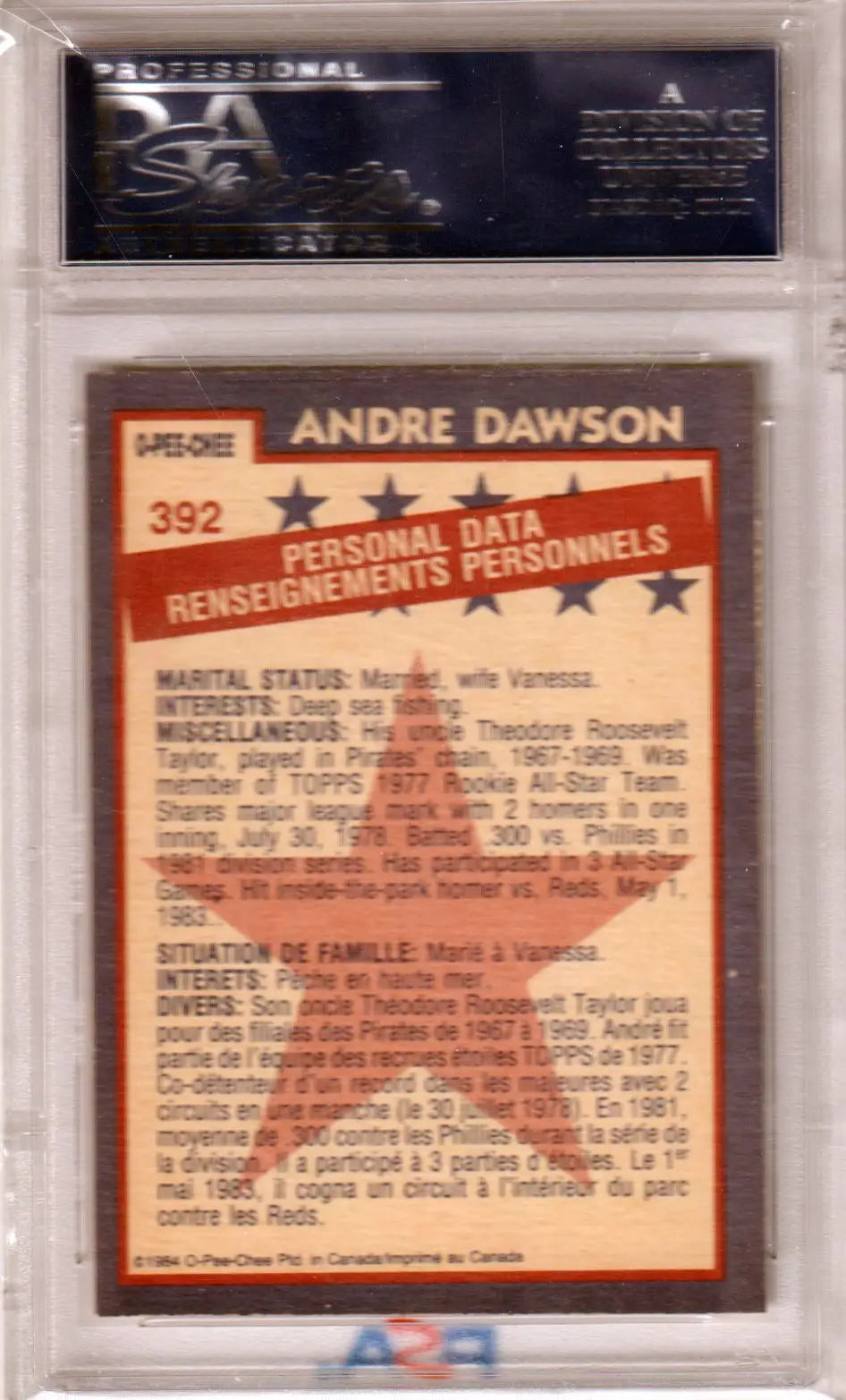 Andre Dawson baseball card from Columbia Hobby with PSA 9 Mint grade