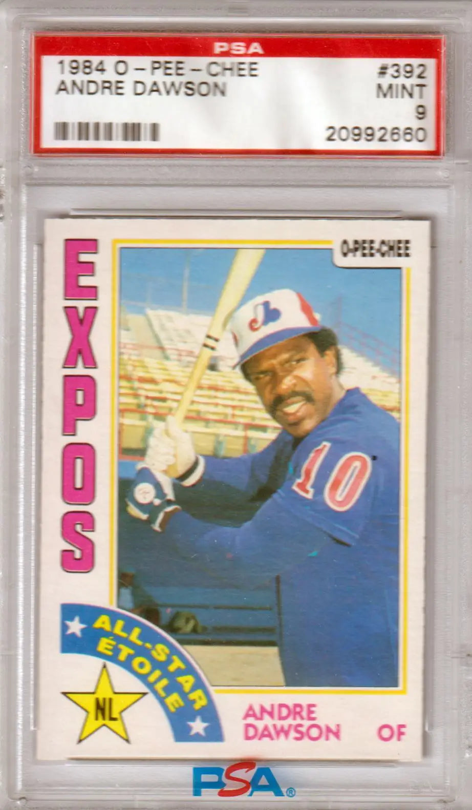 Graded Andre Dawson baseball card in mint condition from Columbia Hobby display