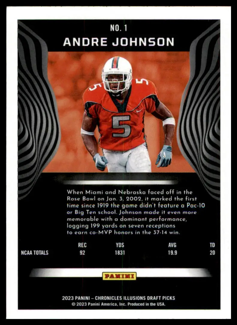 Andre Johnson football card from Panini Chronicles Draft Picks Miami Hurricanes 2023