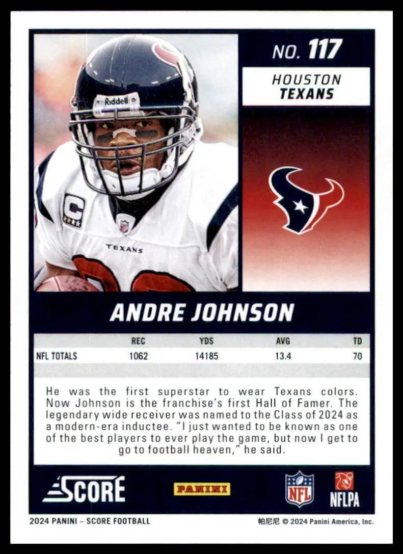 Andre Johnson football card from 2024 Score series showcasing Houston Texans wide receiver