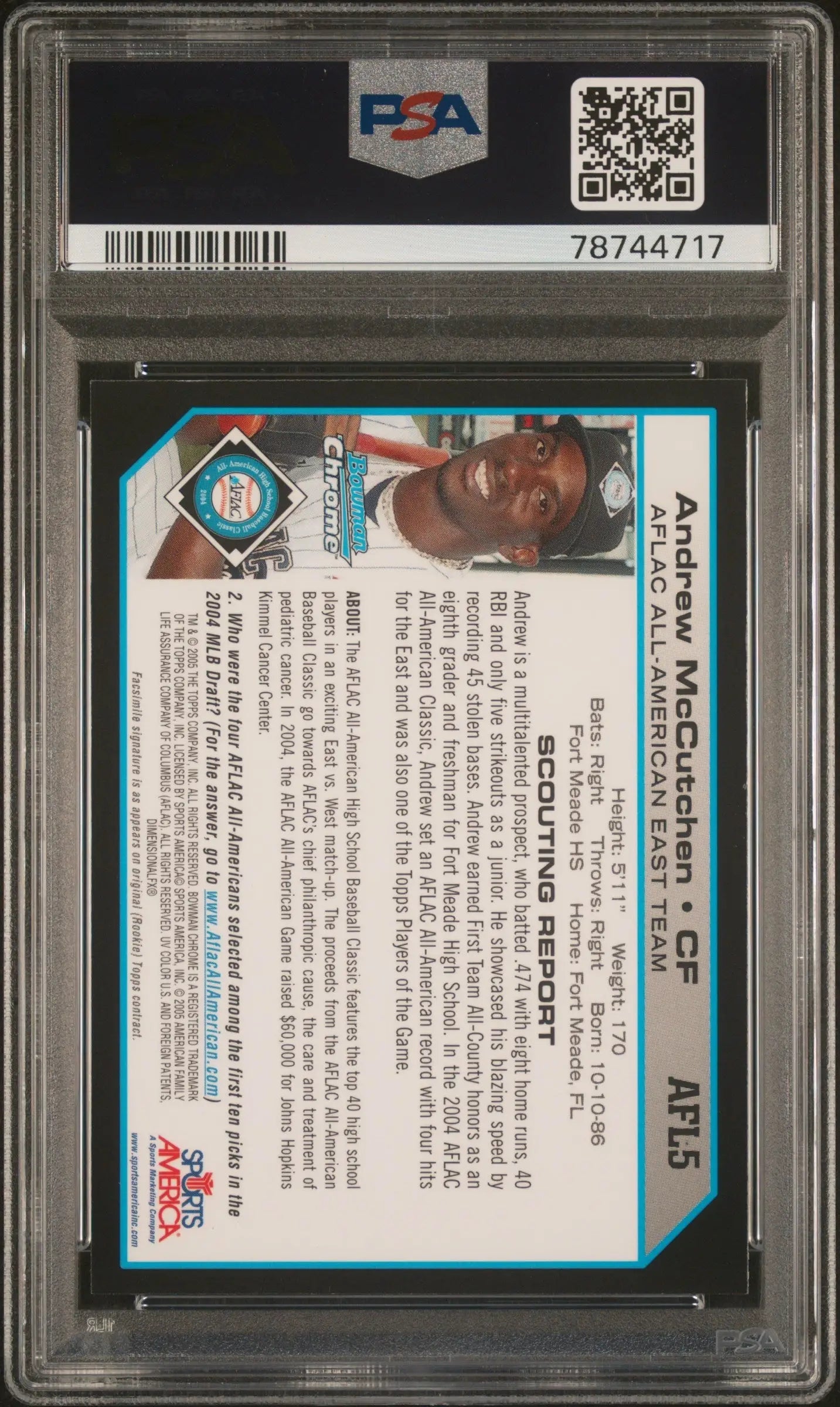 Graded Andrew McCutchen 2004 Bowman Chrome Aflac Redemption Card PSA 9 MINT
