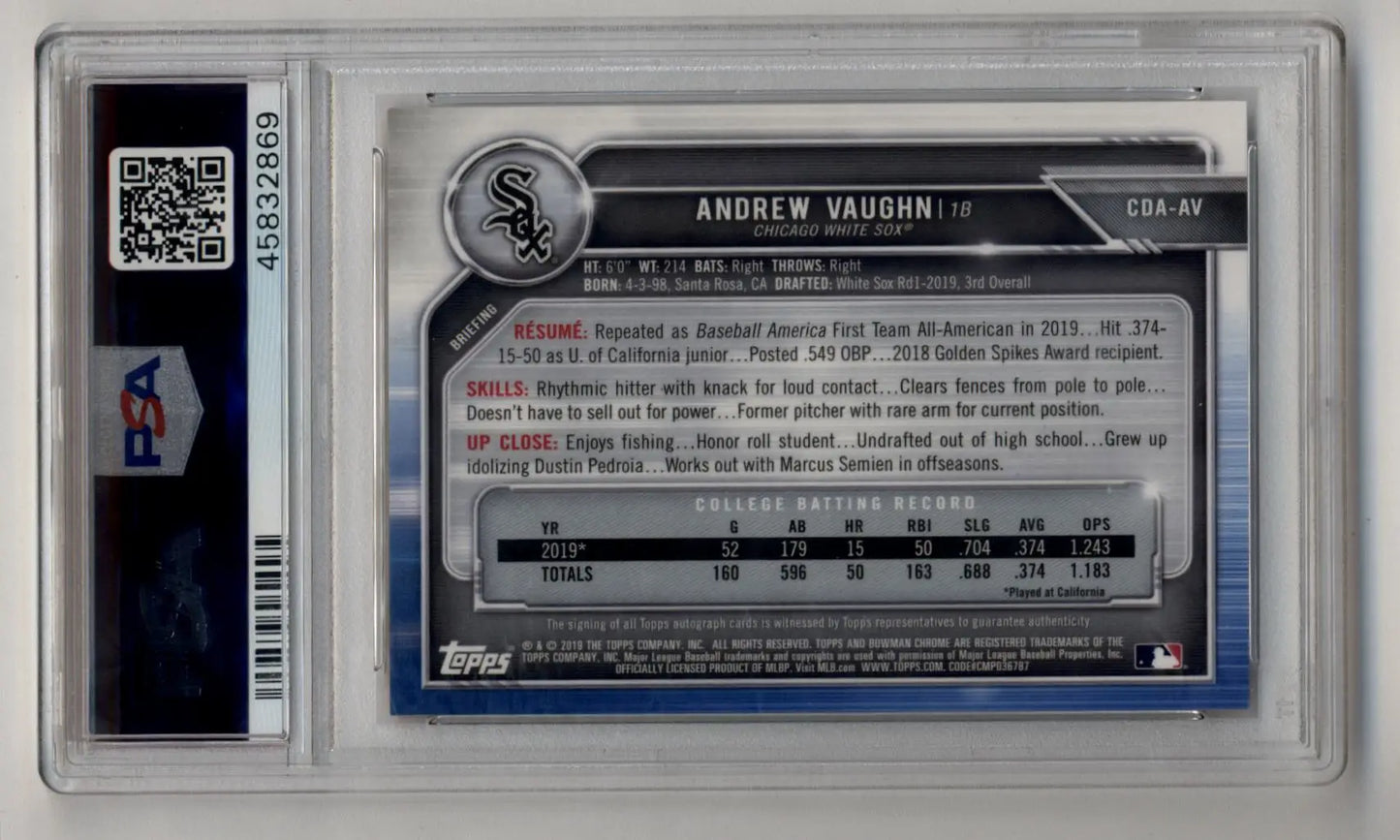 Andrew Vaughn 2019 Bowman Chrome Draft Gold Refractor Auto in protective case showing stats