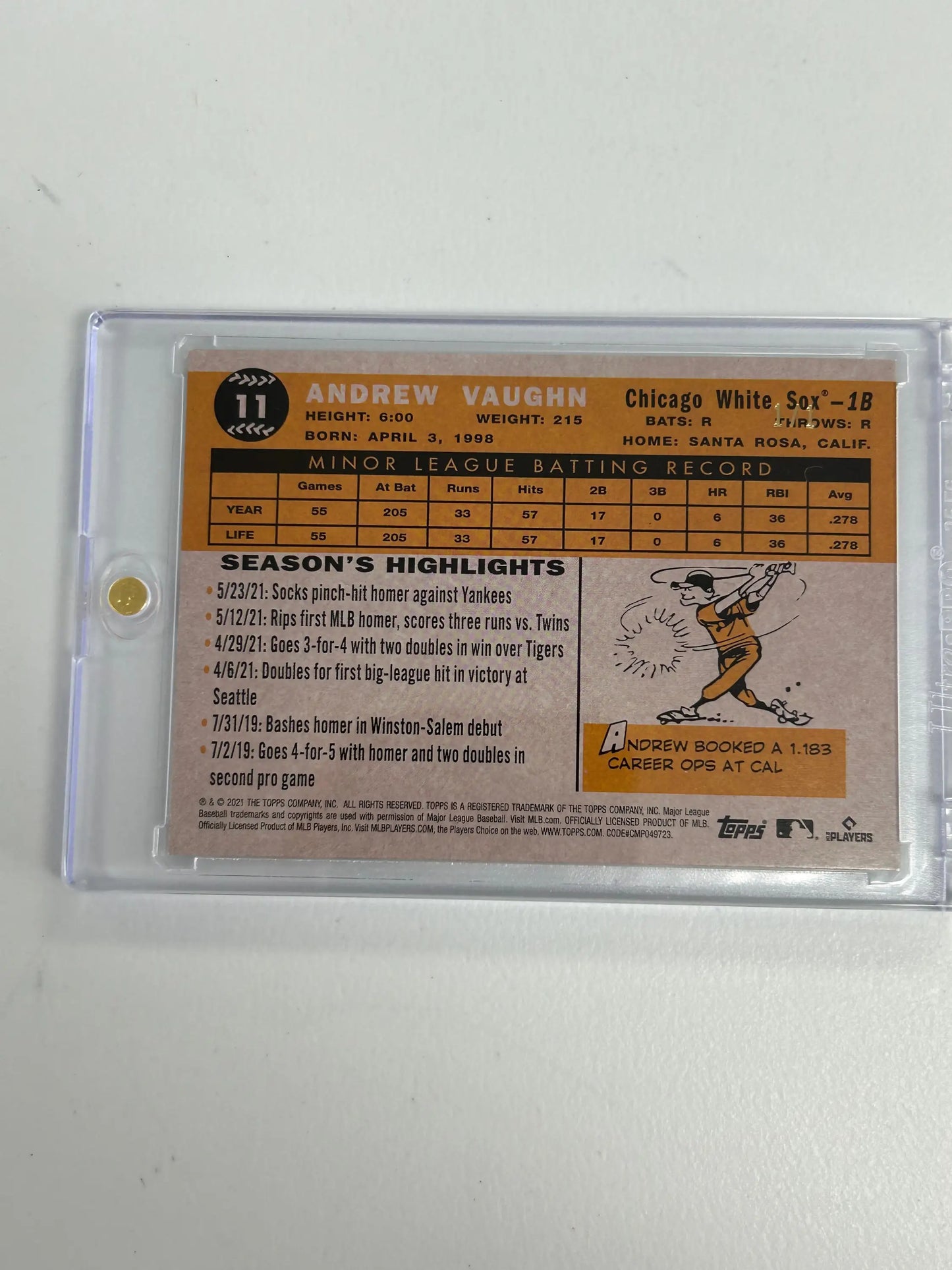 Andrew Vaughn 2021 Topps Baseball Superfractor trading card in clear protective case