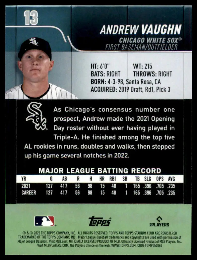 Andrew Vaughn Baseball Card from 2022 Stadium Club Chicago White Sox collection