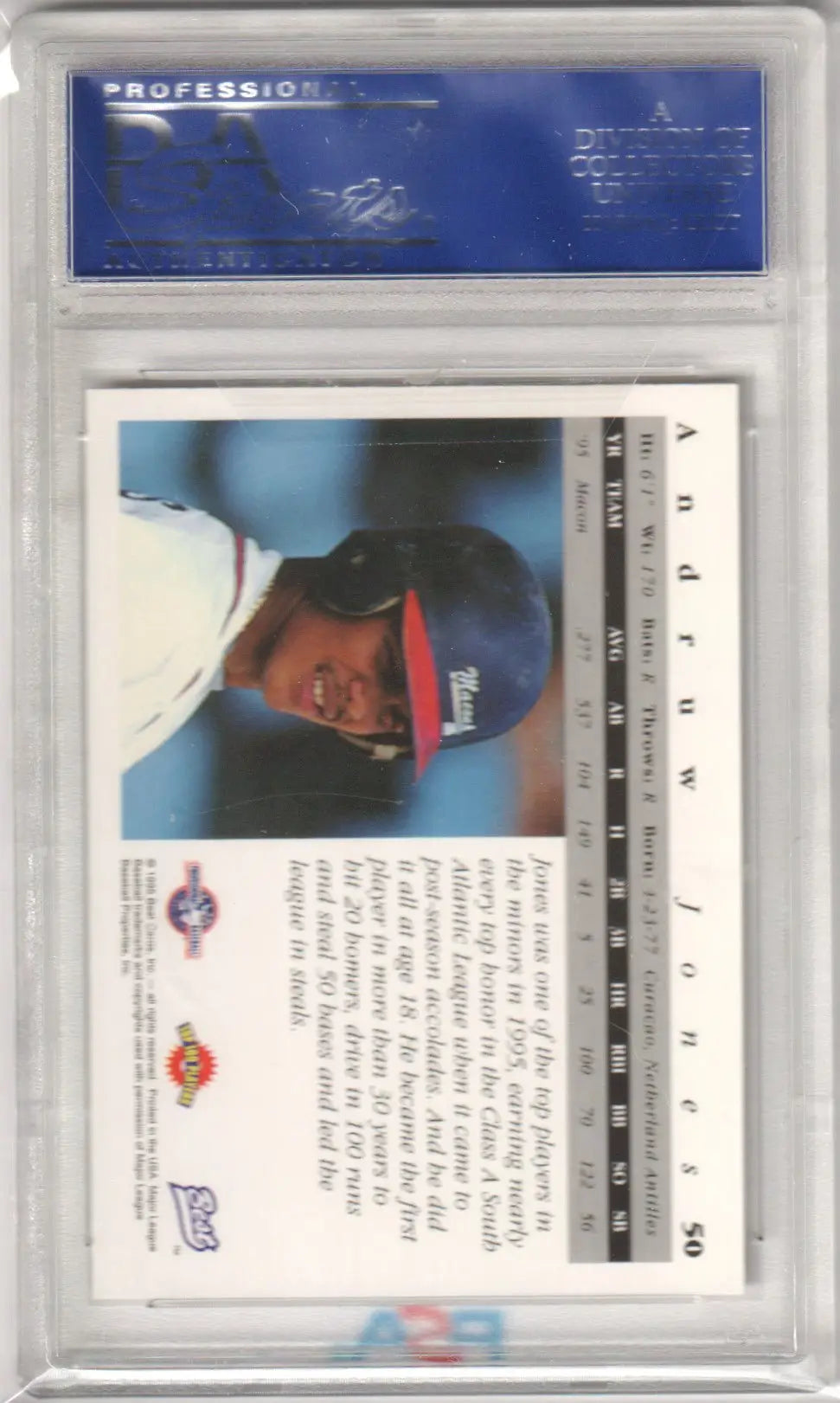 Graded Macon Braves baseball card from Columbia Hobby featuring Andruw Jones PSA 10