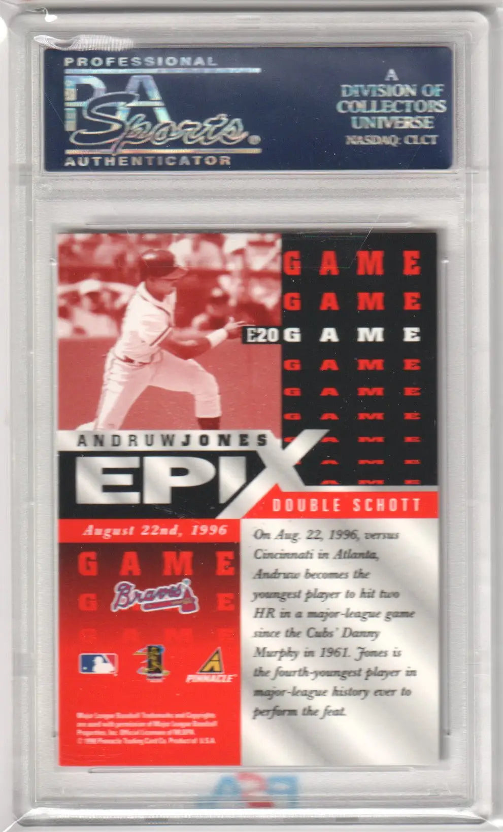 Graded Andruw Jones baseball card from Pinnacle Zenith Epix Orange collection at Columbia Hobby