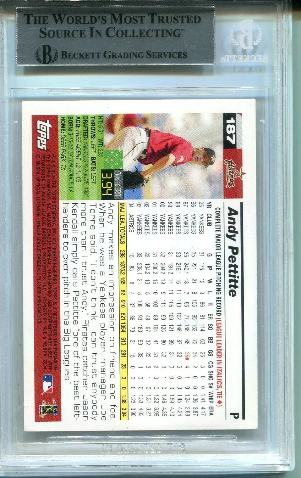 Graded Andy Pettitte Signed 2005 Topps #187 Houston Astros AUTO BGS BAS Card