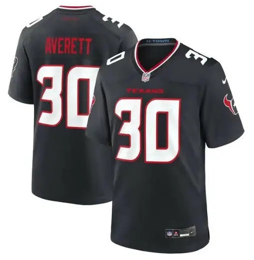 Black Houston Texans NFL jersey with AVERETT 30 in red and white for Anthony Averett Nike team jersey