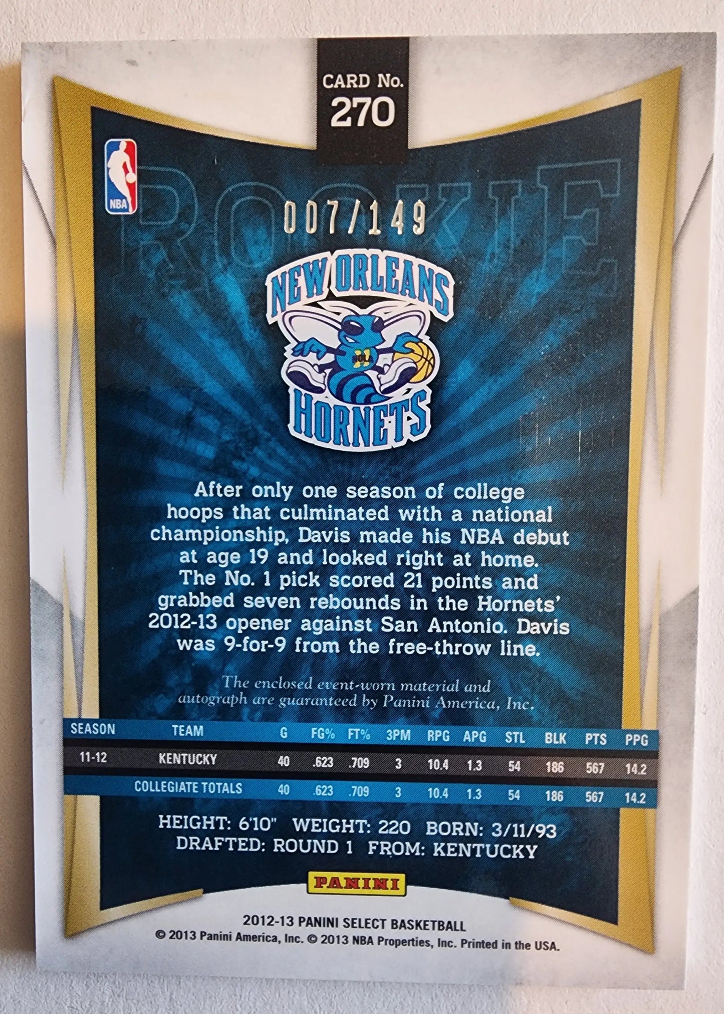 New Orleans Hornets Anthony Davis Panini Select trading card #7/149 blue teal design
