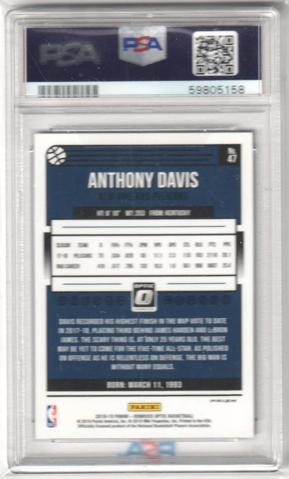 Graded Anthony Davis basketball card Panini Donruss Optic Blue Velocity PSA 10 Columbia Hobby