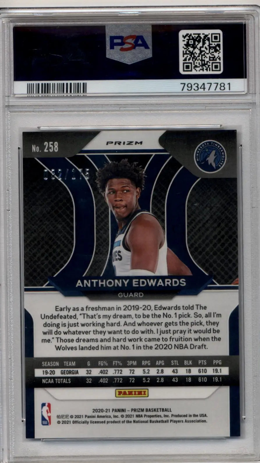 PSA 10 Gem Mint Anthony Edwards 2020-21 Prizm Fast Break Prizm Blue basketball card