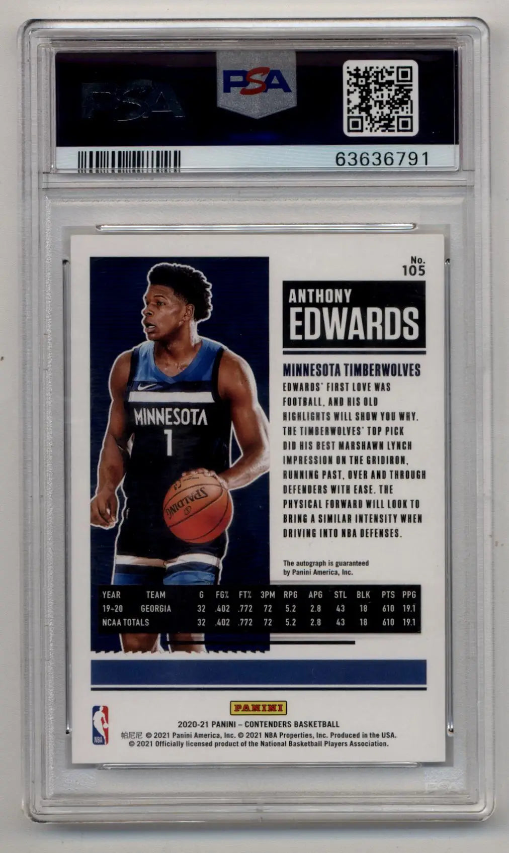 Anthony Edwards Contenders Auto rookie basketball card PSA 10 Gem Mint