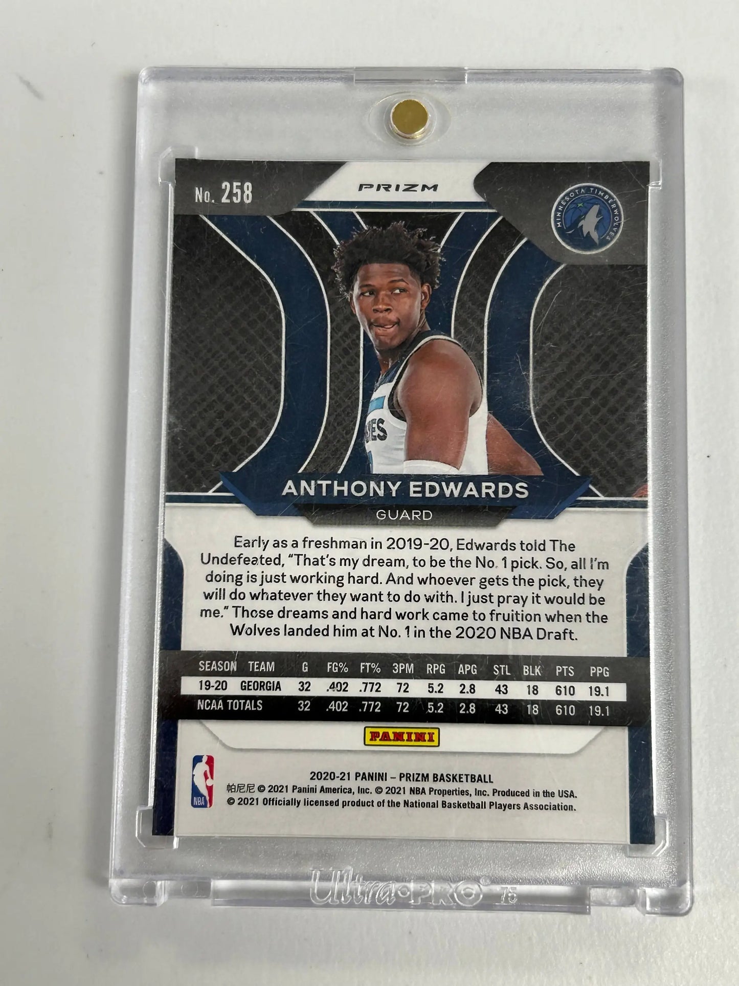 Basketball trading card of Anthony Edwards in white jersey from Panini Prizm Green Prizm