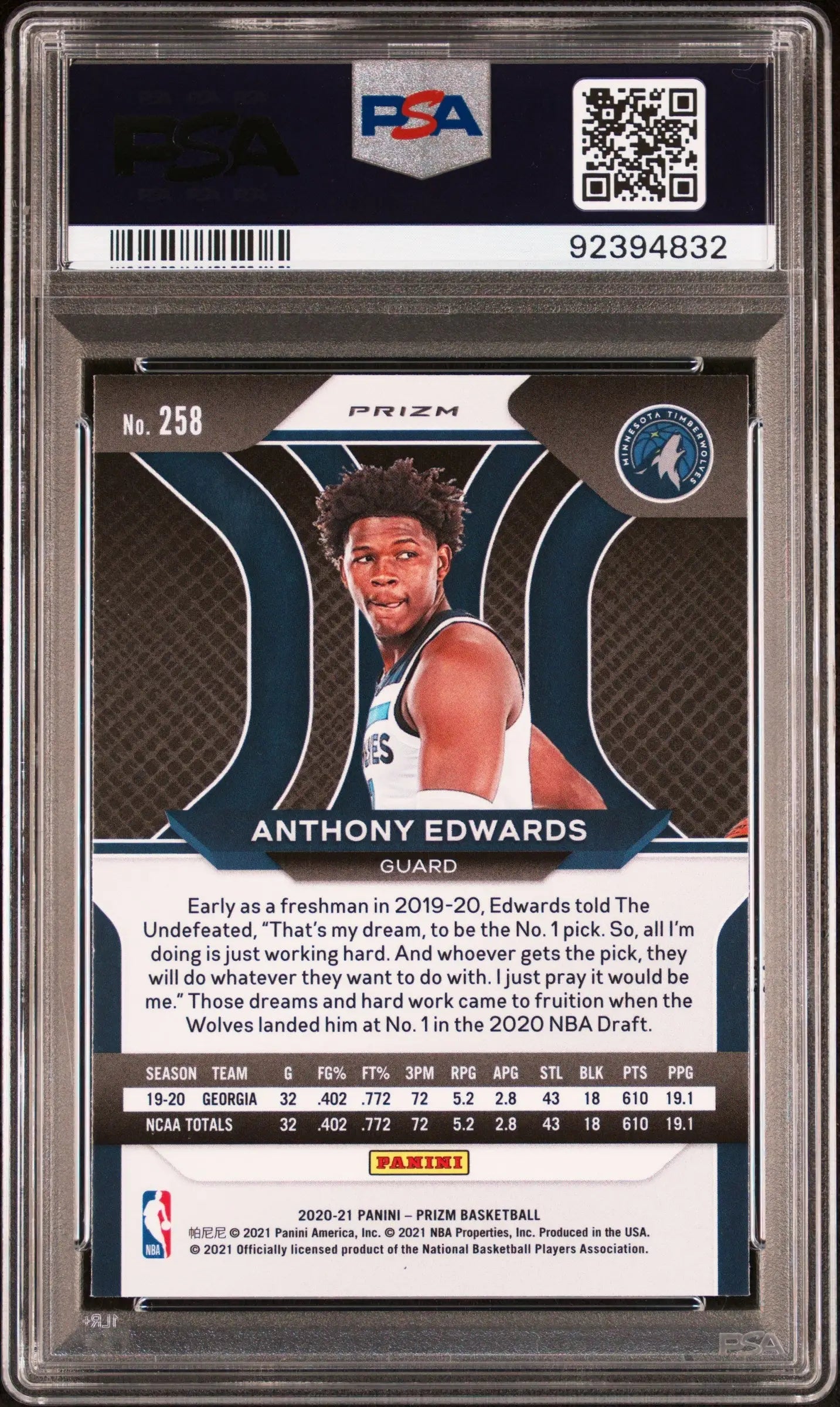 Anthony Edwards 2020 Panini Prizm #258 Purple Wave PSA 8 Nm-Mint Basketball Card