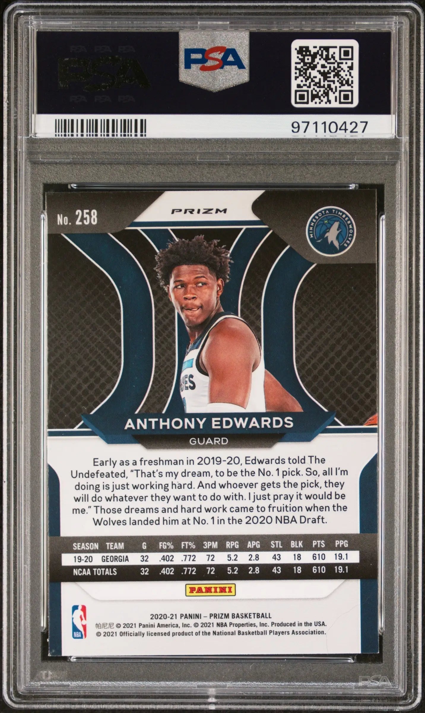 Graded Anthony Edwards 2020 Panini Prizm #258 Silver Prizm PSA 8 Nm-Mint basketball card