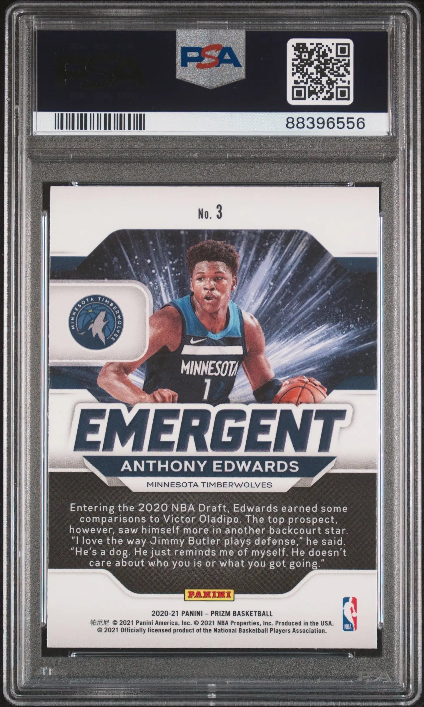 Graded Anthony Edwards Panini Prizm Emergent PSA 10 basketball card display