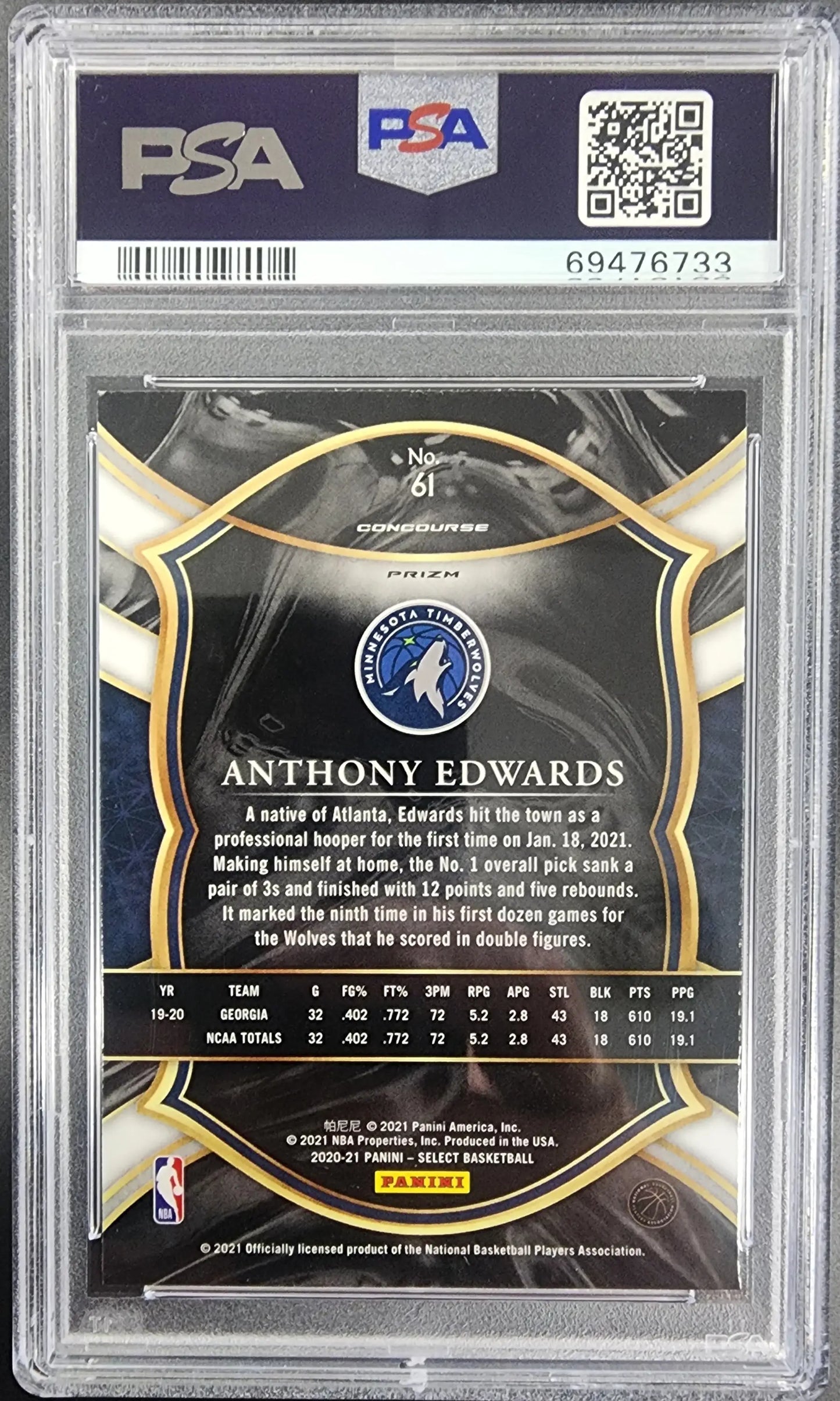 Anthony Edwards 2020 Panini Select #61 Red Wave PSA 10 Gem Mint basketball card back view