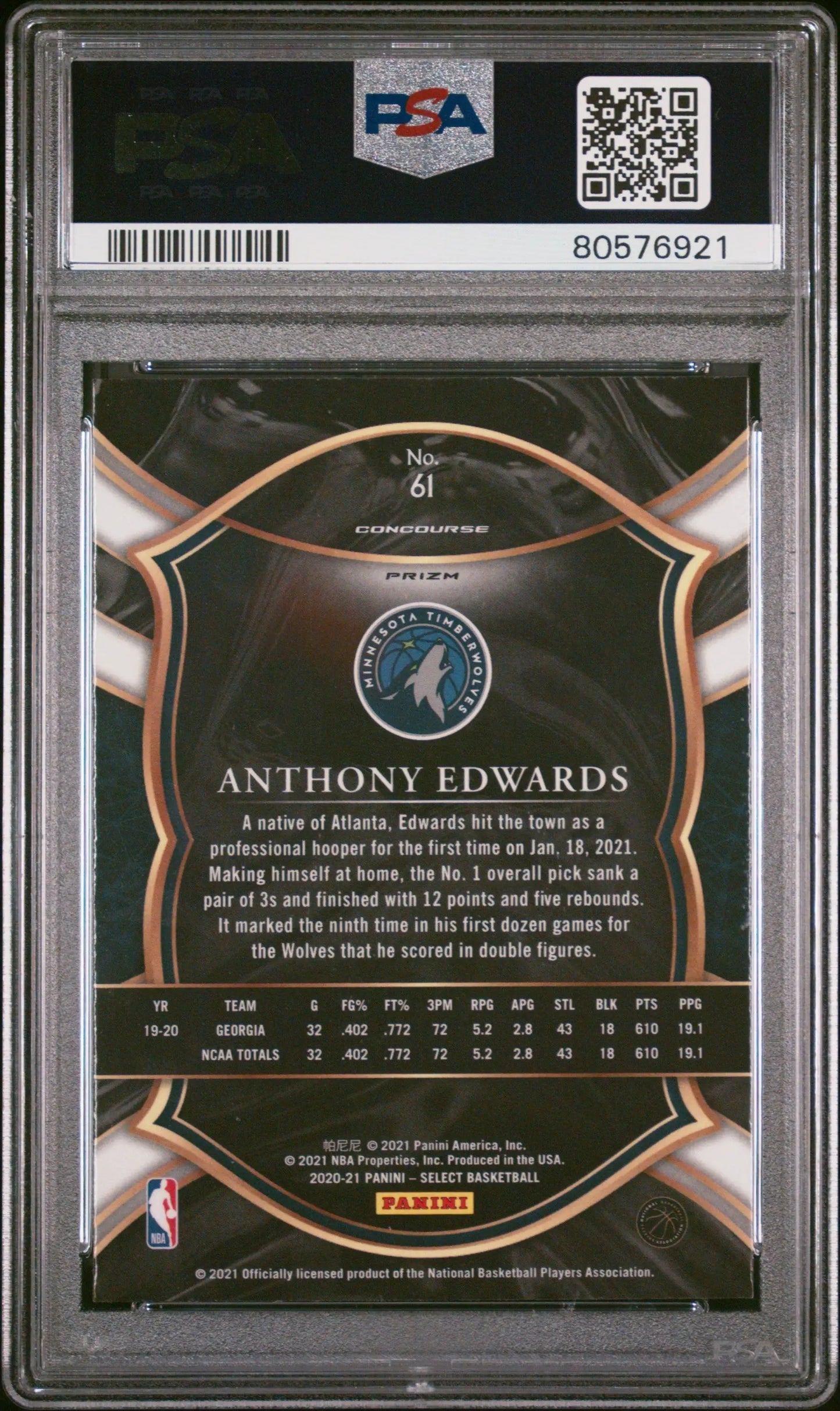 Back side of Anthony Edwards 2020 Panini Select red white green PSA 10 basketball card