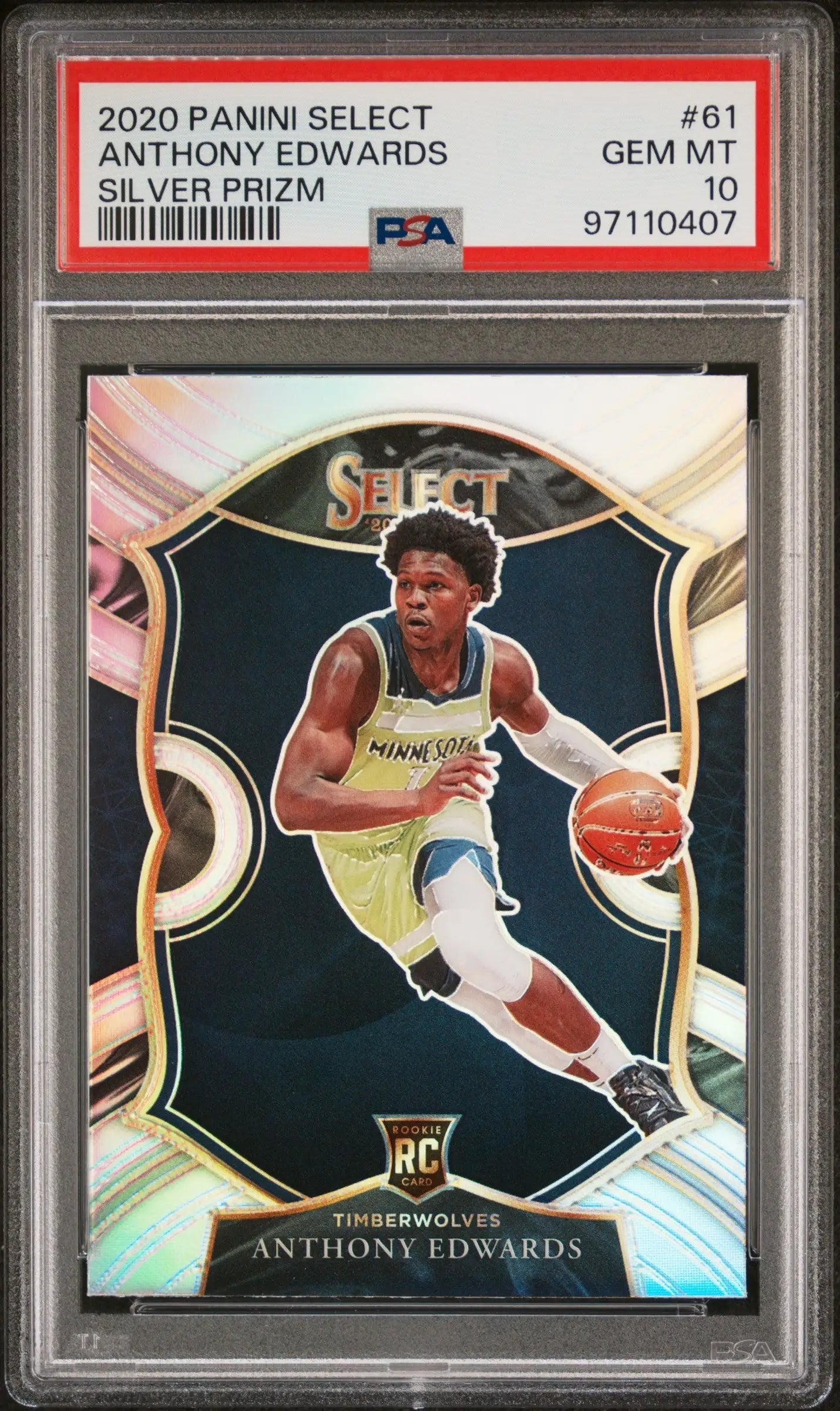 PSA-graded 2020 Panini Select Rookie Silver Prizm card of Anthony Edwards in Timberwolves uniform