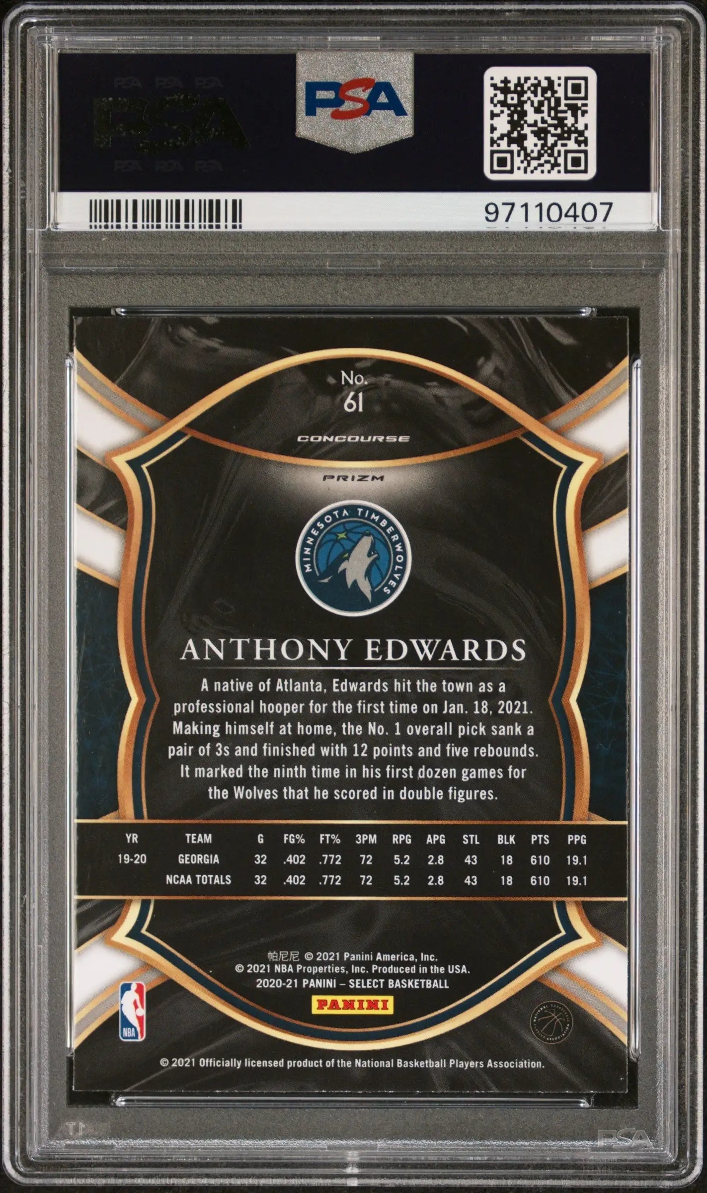 Back side of Anthony Edwards 2020 Panini Select Rookie #61 Silver Prizm PSA 10 card