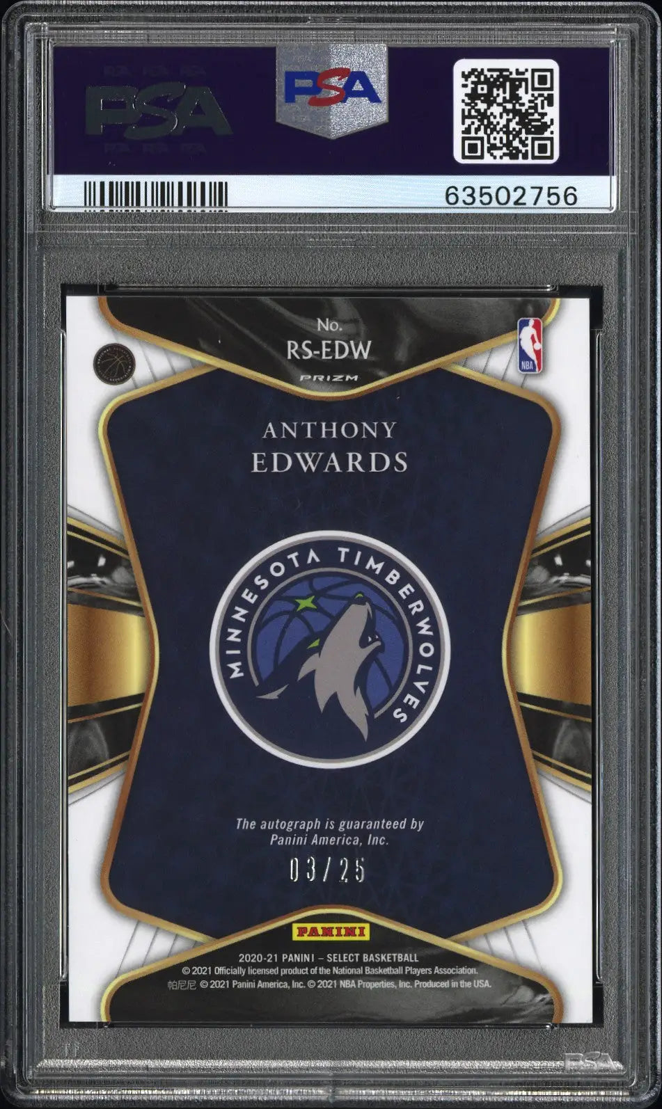 Graded Anthony Edwards Panini Select Prizm Auto basketball card PSA 10 Gem Mint