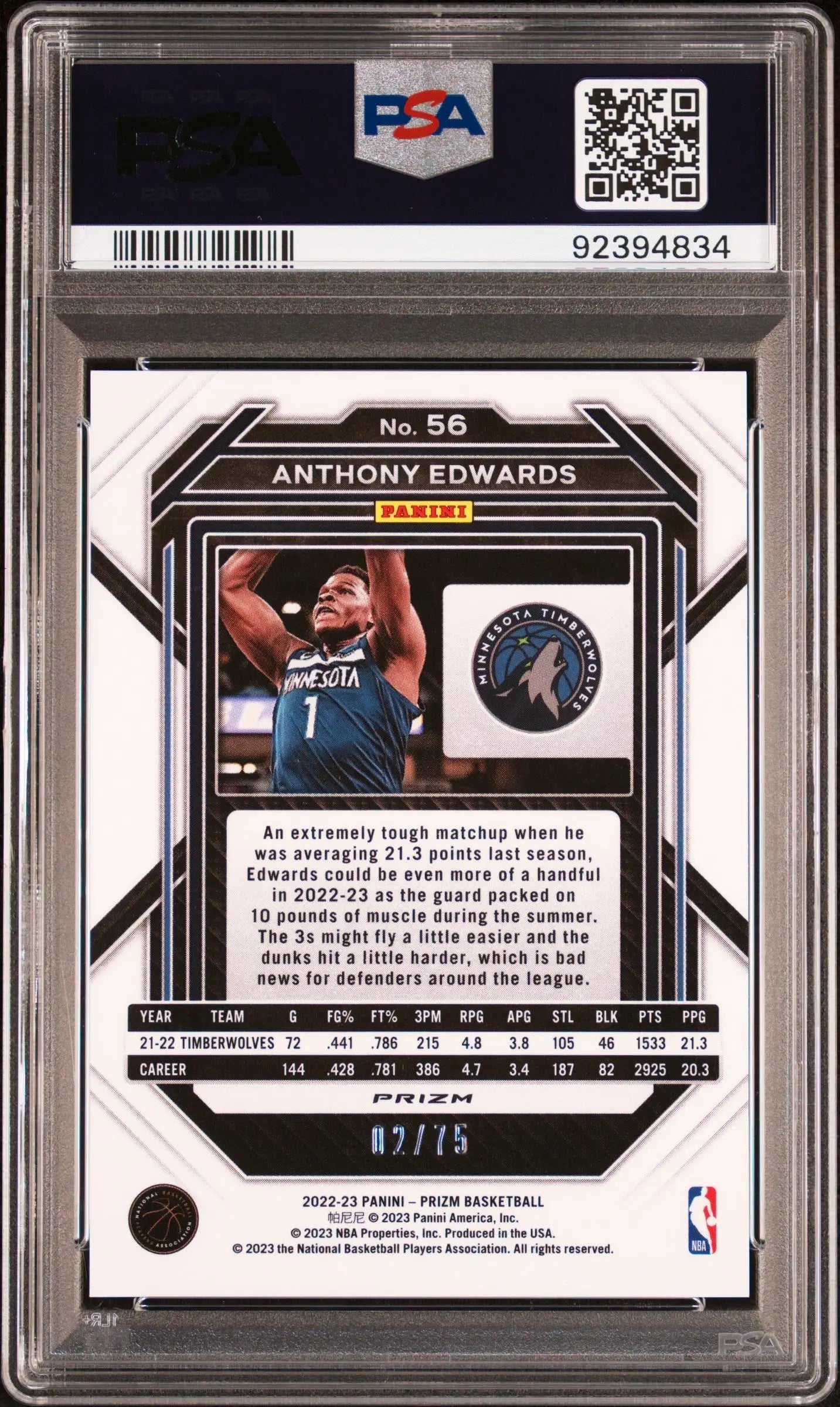 PSA-graded Anthony Edwards 2022 Panini Prizm Purple Fast Break basketball card