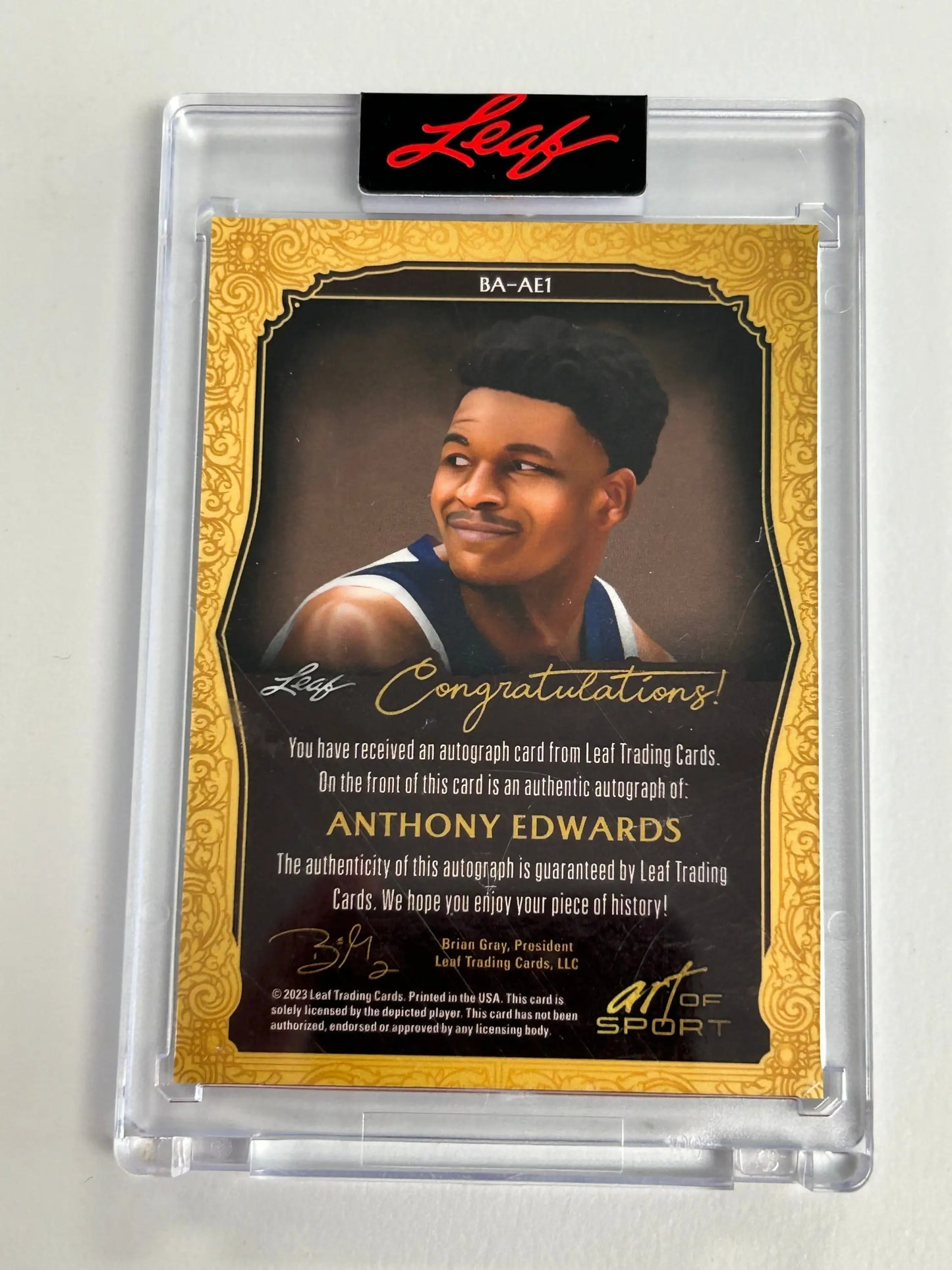 Anthony Edwards 2023 Leaf Art of Sport Autograph Blue card in protective case