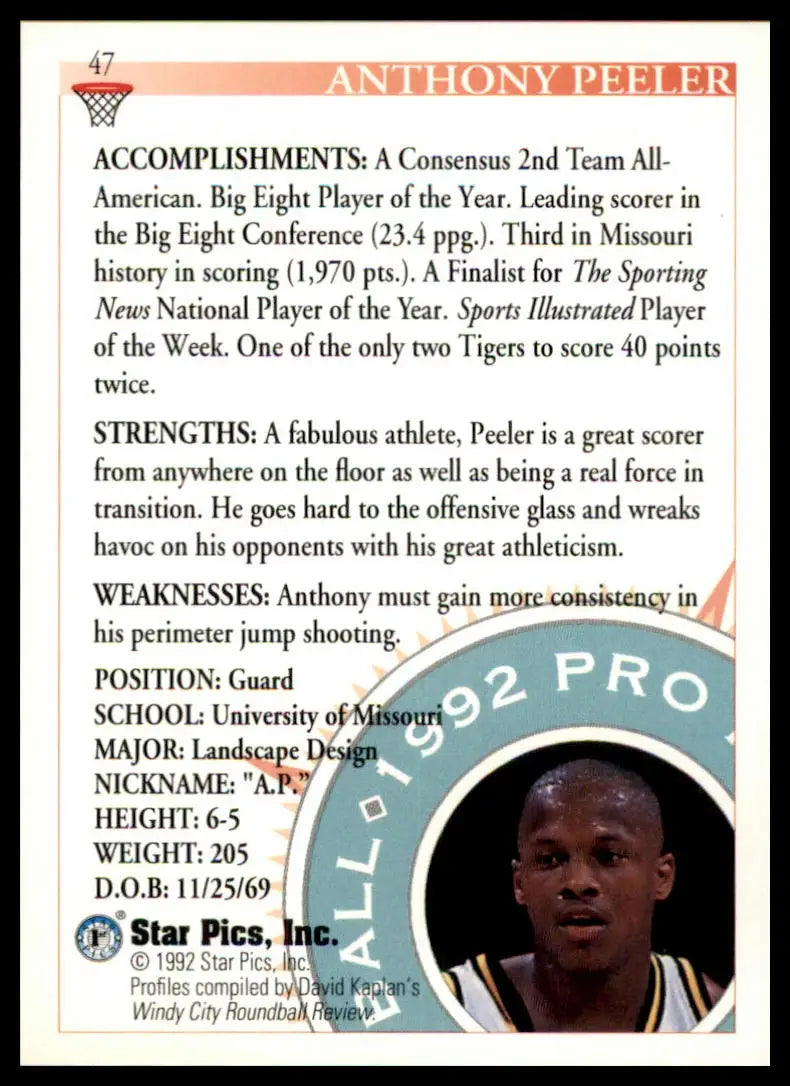 Anthony Peeler basketball card from 1992 Star Pics series featuring Missouri Tigers