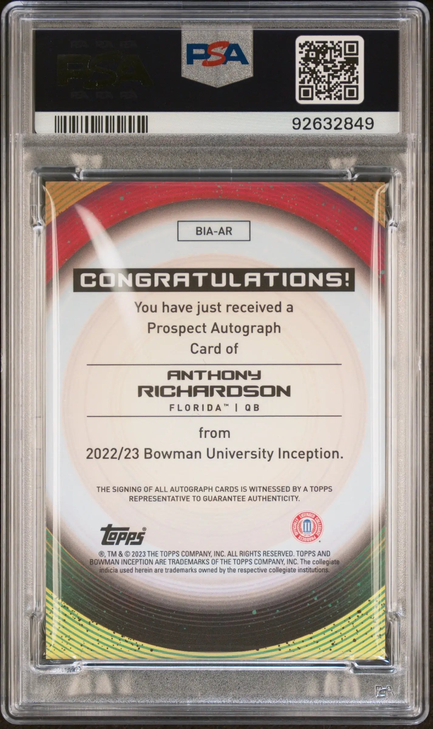 PSA-graded Anthony Richardson 2022 Bowman U Inception Gold Auto trading card