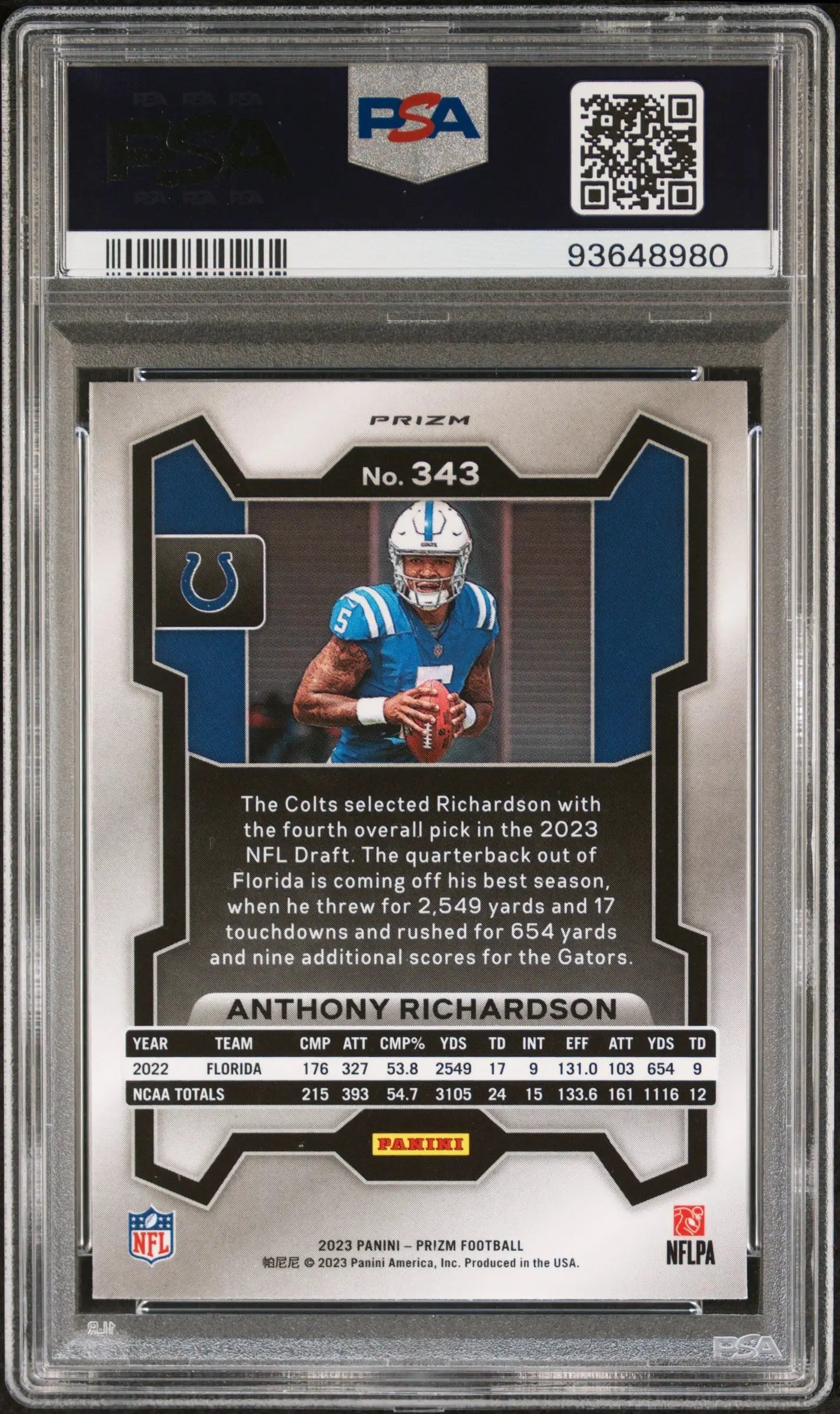 Graded Anthony Richardson Panini Prizm Rookie football card in PSA 10 Gem Mint