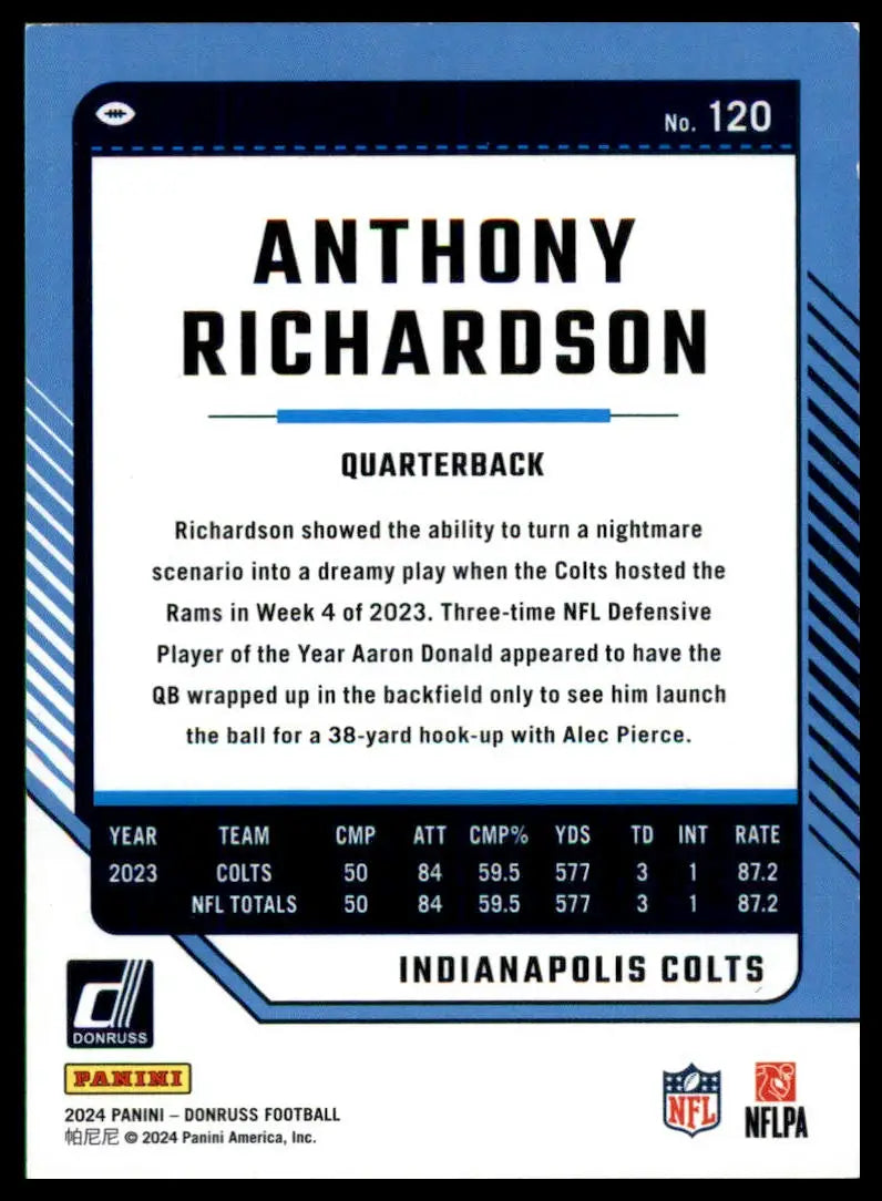 Anthony Richardson football card from 2024 Donruss #120 Indianapolis Colts