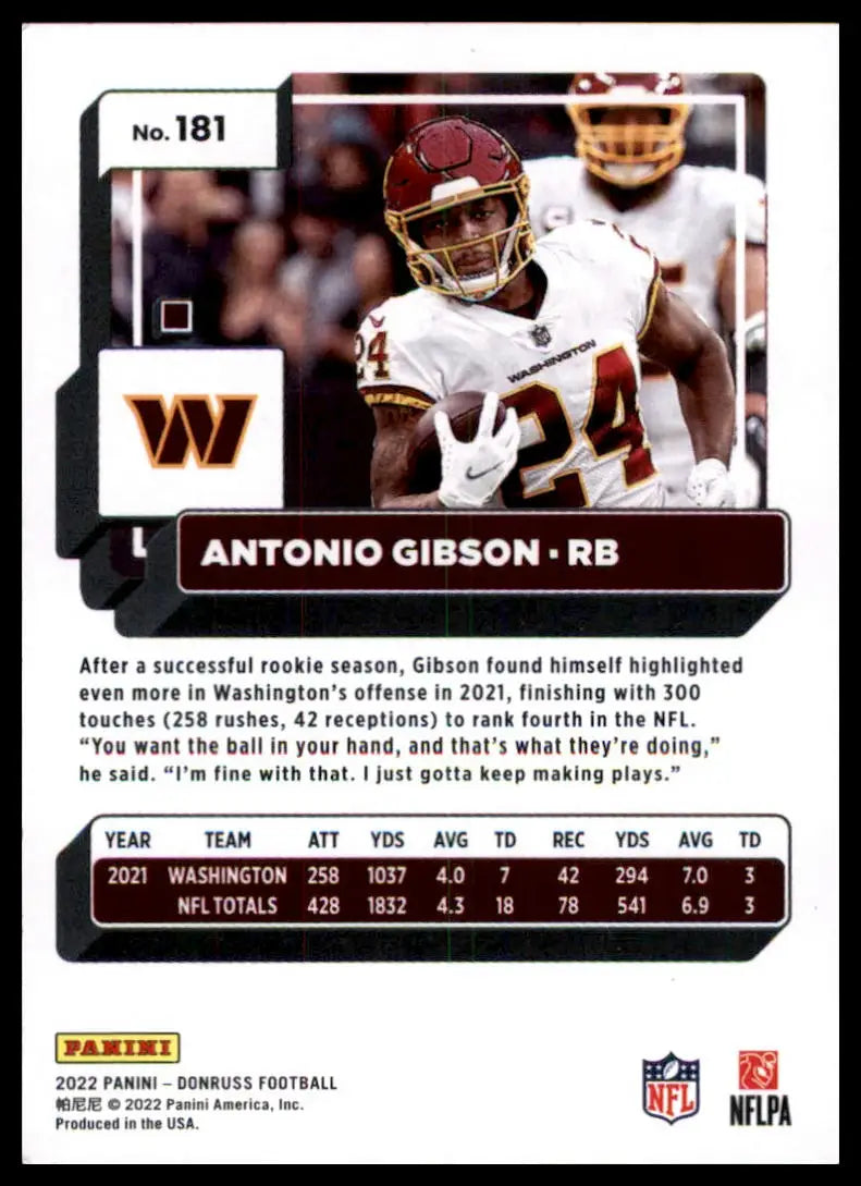 Antonio Gibson football card from 2022 Donruss Washington Commanders series