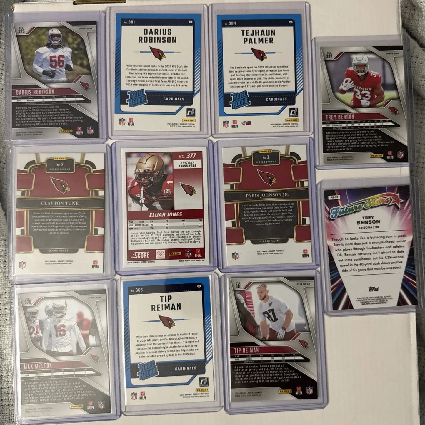 Arizona Cardinals cardinals RC lot featuring trading cards, inserts, and parallels