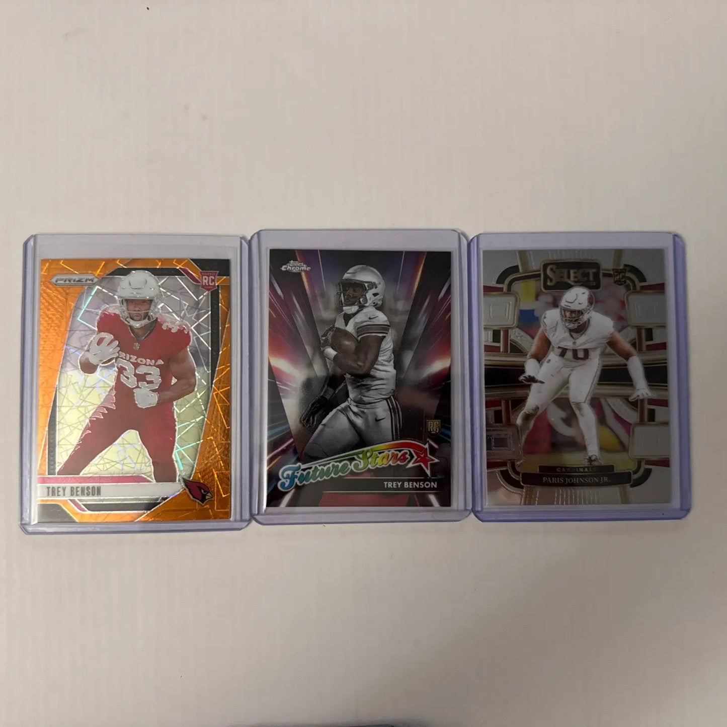 Arizona Cardinals RC Lot with three football trading cards in protective sleeves
