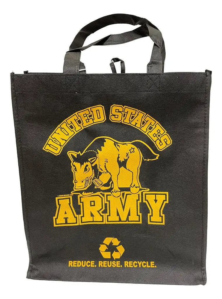 Black Non-Woven Polypropylene Reusable Grocery Tote Bag with Yellow Army Logo and Mule
