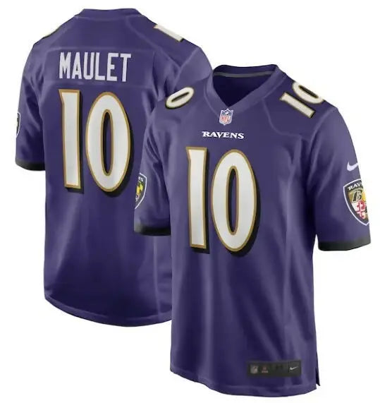 Purple Baltimore Ravens football jersey with number 10 and MAULET on the back