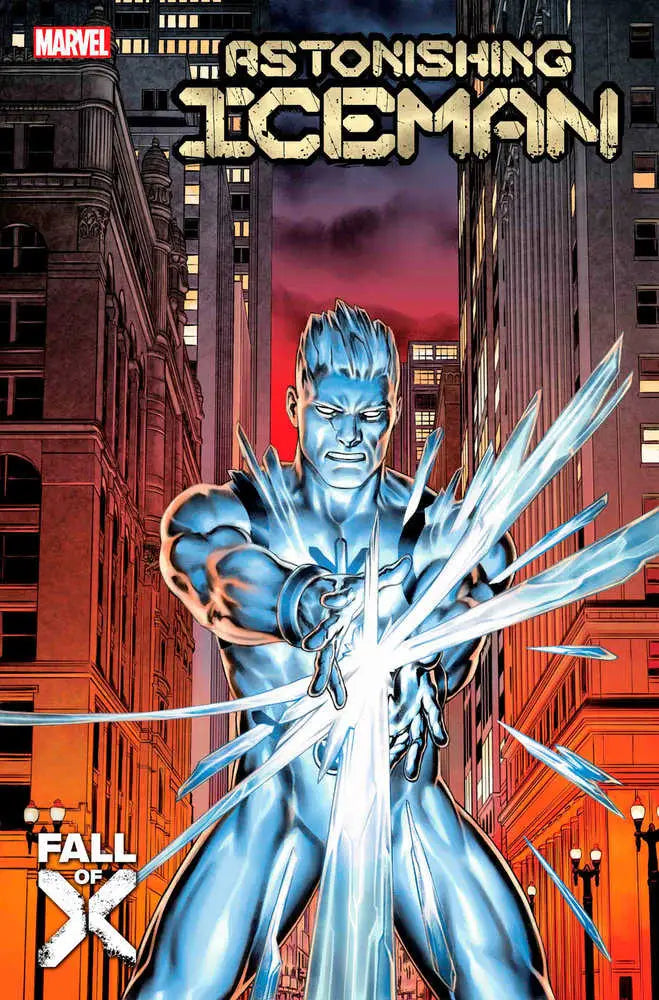 Glowing blue ice superhero with spikes in action pose for Astonishing Iceman 2 trading cards