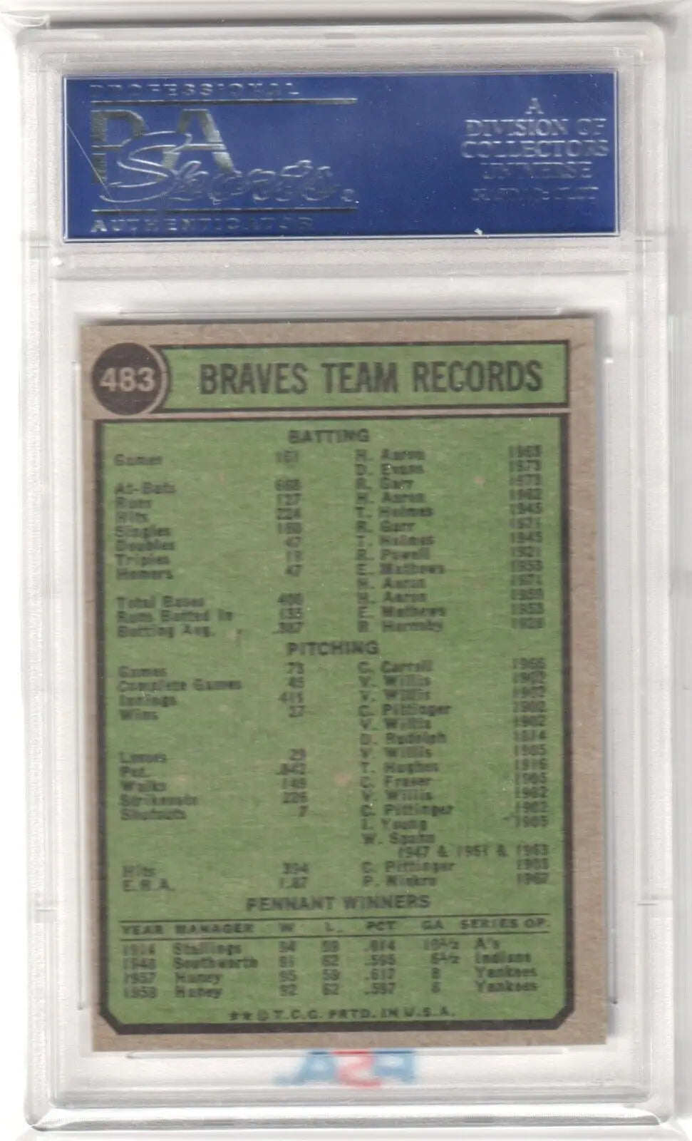 Graded Atlanta Braves 1974 Topps baseball card from Columbia Hobby, sports collectible