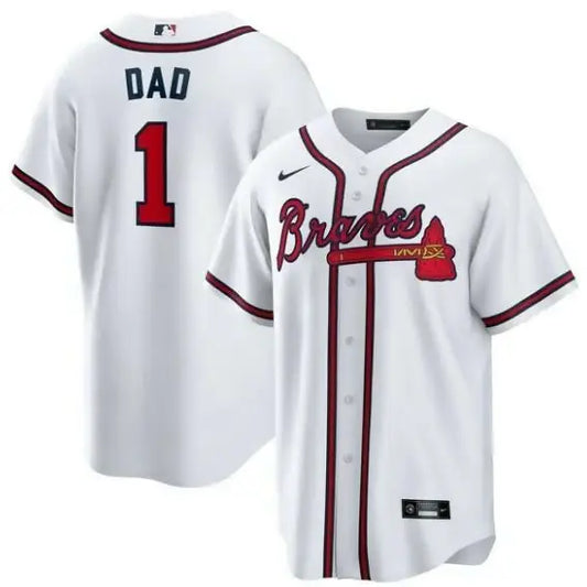 White Atlanta Braves Nike #1 Dad Home Replica Baseball Jersey displayed