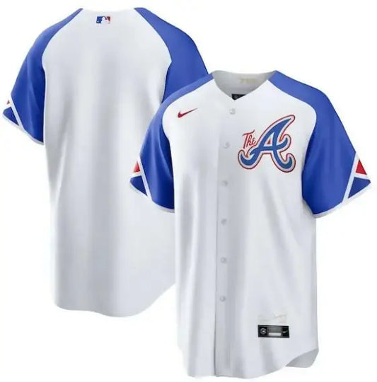 White and blue Atlanta Braves Nike 2023 City Connect Replica Jersey on display