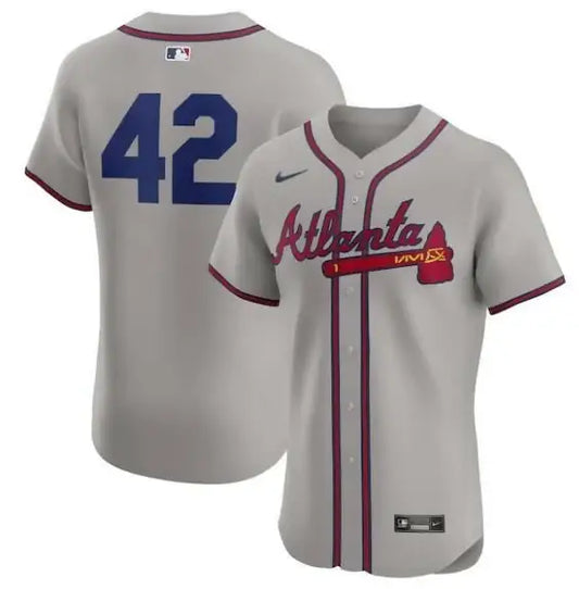 Gray Atlanta Braves Nike 2024 Jackie Robinson Day Elite Jersey on display
