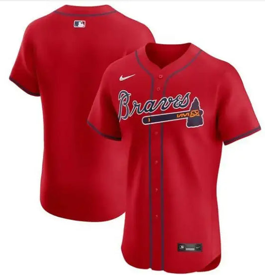 Red Atlanta Braves Nike Alternate Elite Jersey displayed in a product image