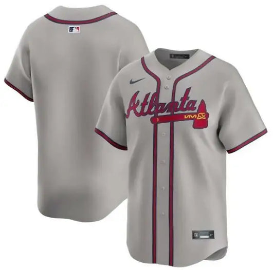 Gray Atlanta Braves Nike Away Limited Baseball Jersey displayed in product image