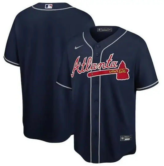 Atlanta Braves Nike Big & Tall Navy Replica Team Jersey on display